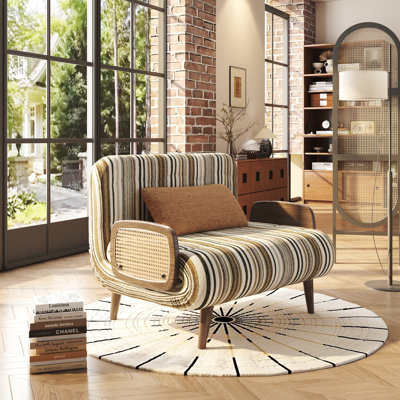 3-in-1 Convertible Sleeper Chair, Mustard Yellow Striped Accent Chair Bed with PE Wicker Side Panels