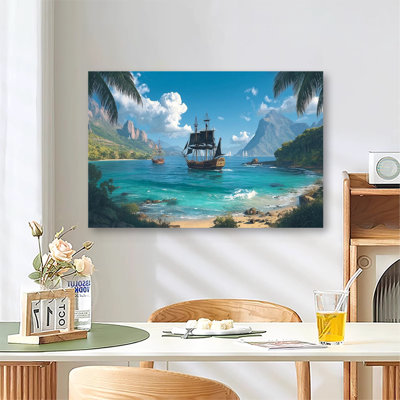 Bateau pirate glissant à travers les eaux azur, grande impression sur toile tendue avec châssis pour salon et chambre à coucher