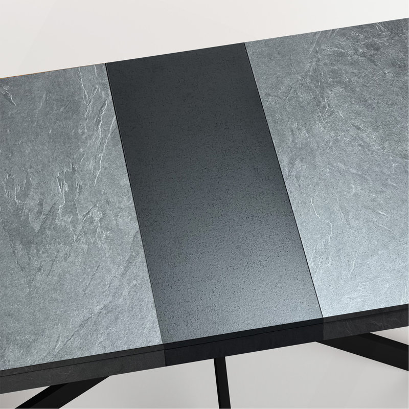 55.11" -70.86" Retro Rectangular Stretch Dining Table, Dark Gray Stone Top And Black Relief Plate Fine Sand Cross Iron Foot Base Dining Table, With Storage Box.