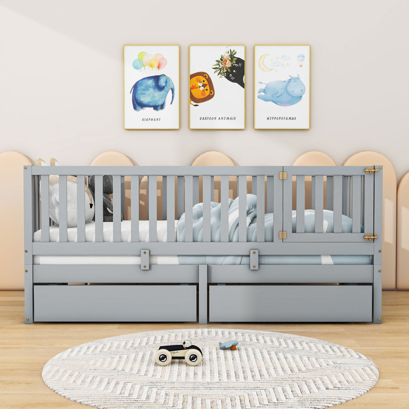 Storage Wooden Floor Bed with Guardrails and 2 Drawers, Twin, Gray