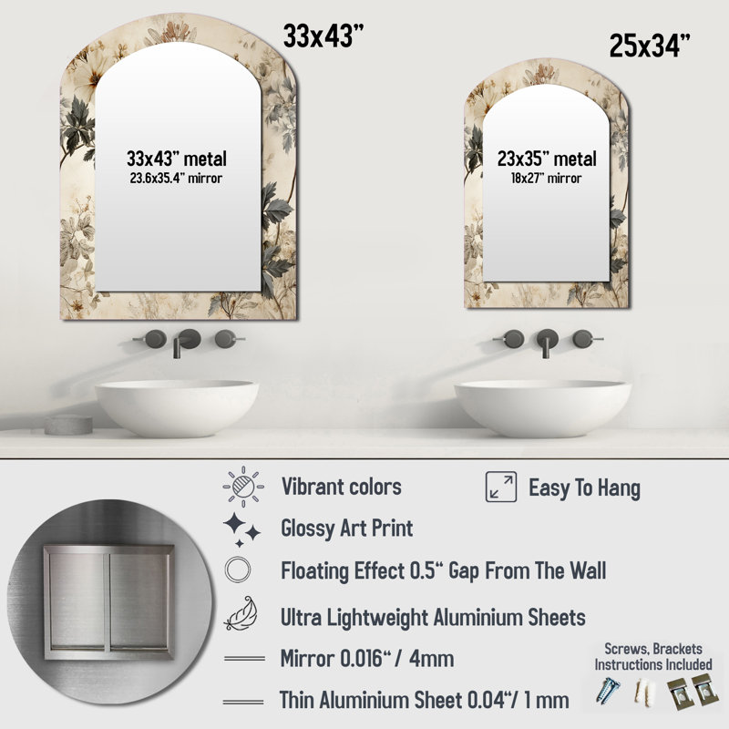 Miroir mural rétro beige floral, 34 po x 25 po
