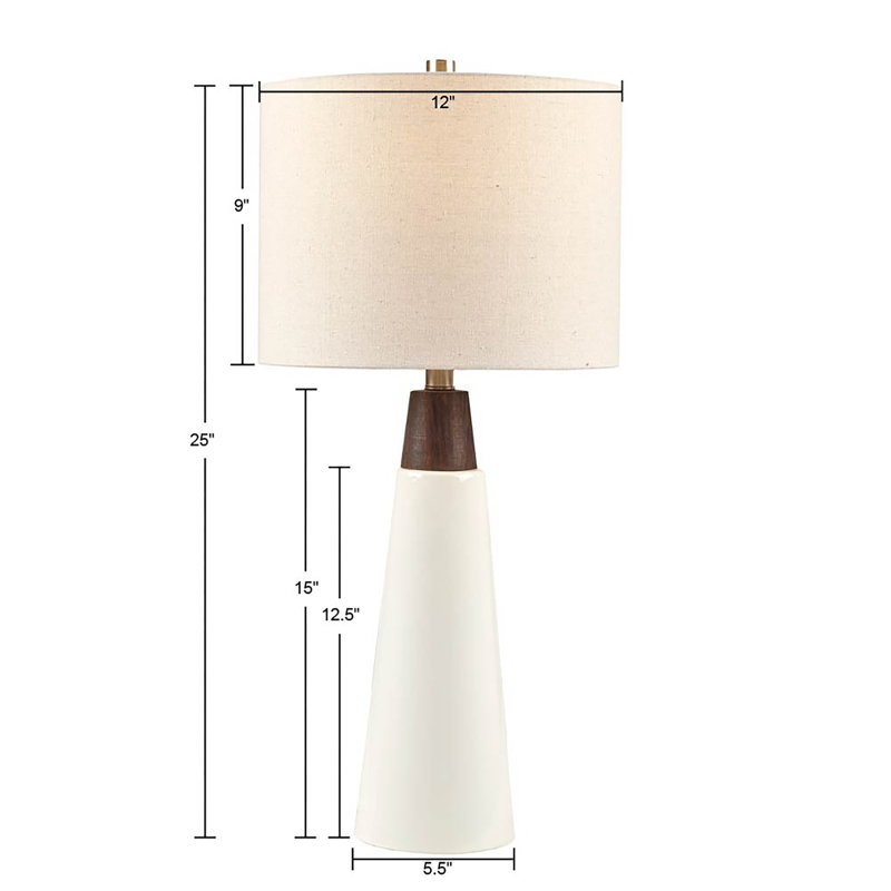 White Ceramic and Wood Table Lamp with Drum Shade