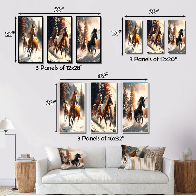 «Wild Horses Galoping Winter Scene I», 3 pièces sur toile, Toile tendue, H 28 po x l 36 po