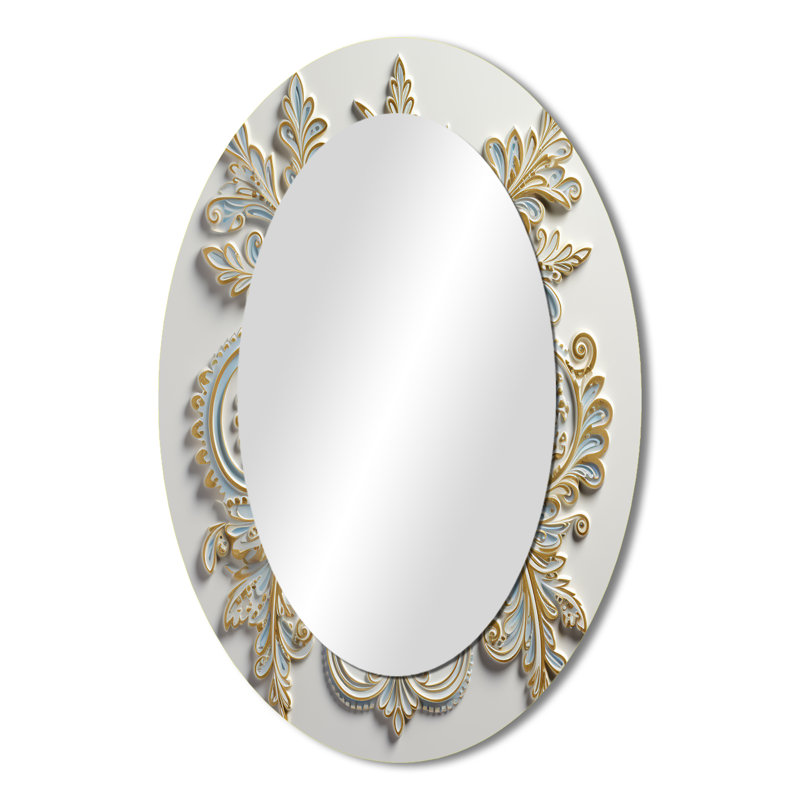 White Blue Stylish Boho Floral Arrangements - White Oval Wall Mirror Decor, 36" x 24"