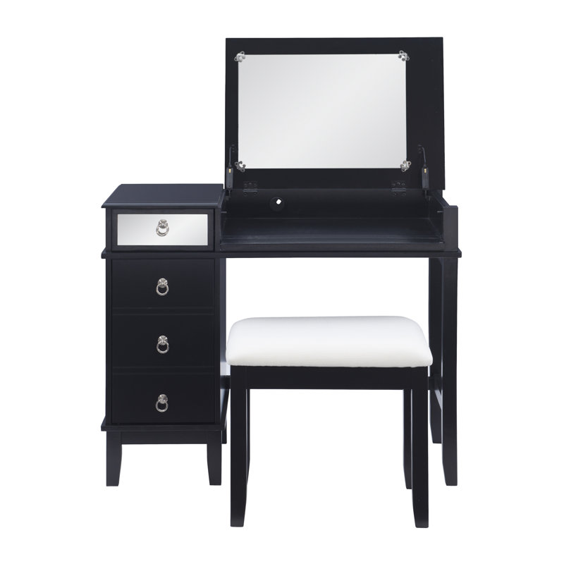 Dangeras Multi Drawer Mirrored Accent Vanity Set with Cushioned Stool, Black