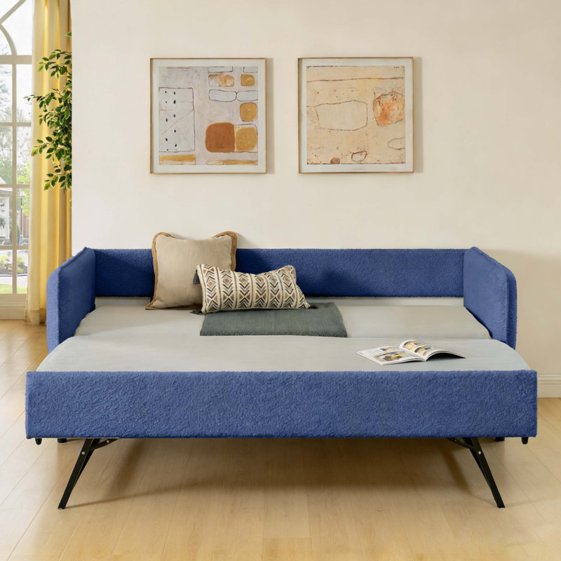 Daybed with Twin Size Pop-up Trundle Upholstered Tufted Sofa Bed, Twin Size, Boucle Fabric, Blue