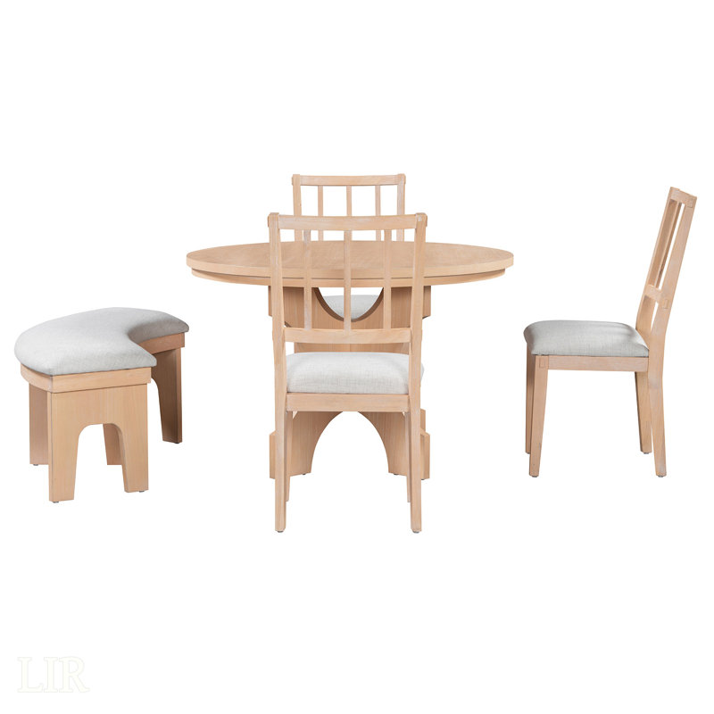 Ensemble de salle à manger 5 pièces avec 3 chaises rembourrées et un banc incurvé rustique Charm, Naturel, Naturel