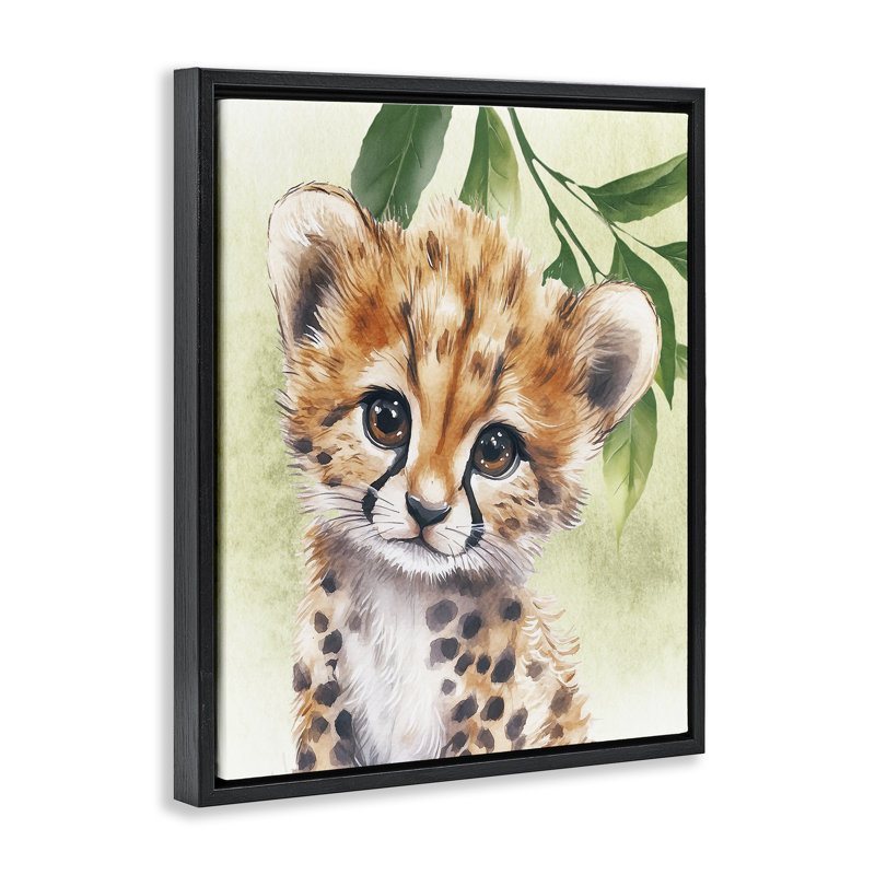 «Jungle Friends Baby Cheetah Floater», art mural par Christine Simpson, Cadre flottant noir de jais, H 21 po x l 17 po