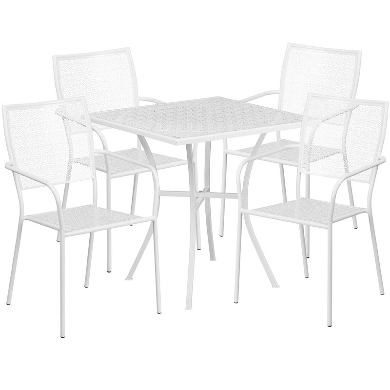 Ensemble de table de patio intérieur / extérieur en acier de qualité commerciale 28 po avec 4 chaises carrées Meranda, Blanc