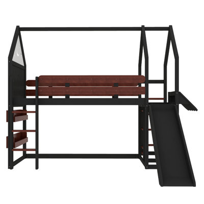 Lit mezzanine simple avec bibliothèque Design ludique pour enfants Structure en forme de maison avec glissières de sécurité de haute qualité, beige / naturel / noir