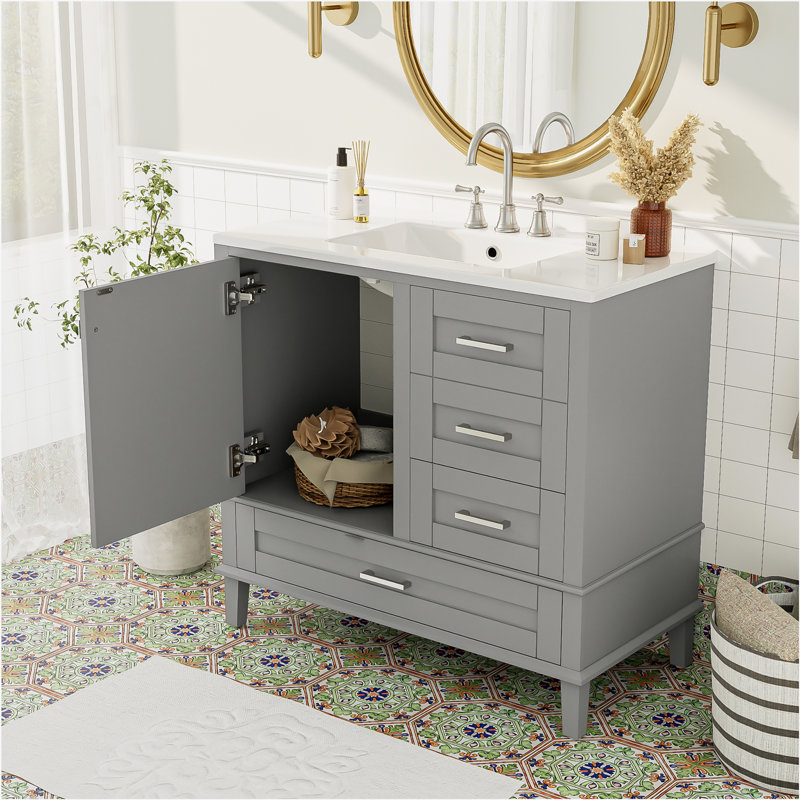 36" Bathroom Vanity with Solid Pine Frame, 1 Soft Close Door and 3 Drawers , Modern Storage Cabinet, Grey