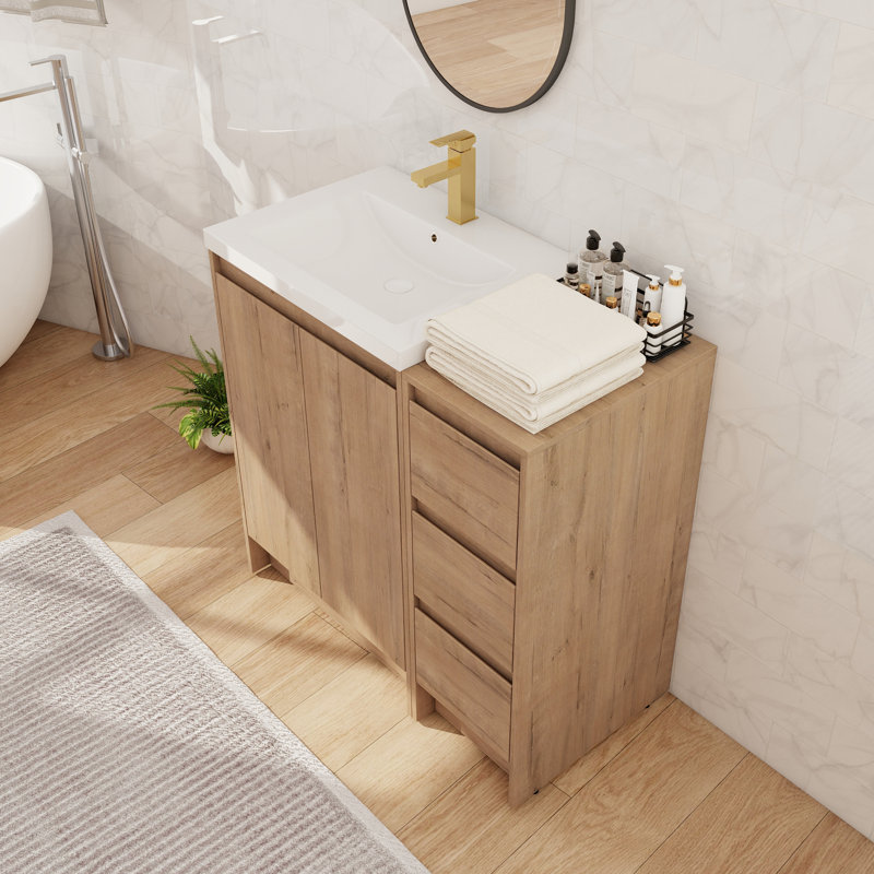 Meuble-lavabo sur pied simple 36 po avec lavabo en résine, meuble-lavabo autoportant avec 2 portes, 3 tiroirs, 1 tablette réglable