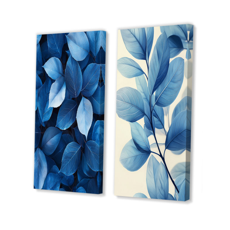 «Midnight Blue Leaves Tranquility III», art mural floral 2 panneaux, 28" H x 25" W, Wrapped Canvas, Does Not Apply