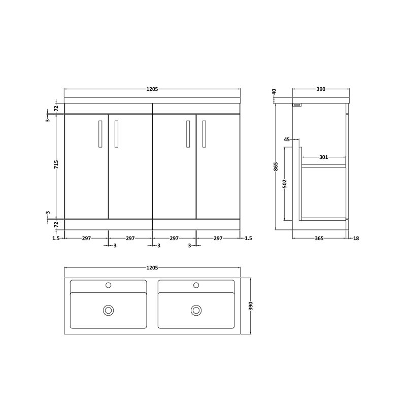 Athena 1205mm Double Bathroom Vanity with Integrated Polymarble Basin, Gloss White