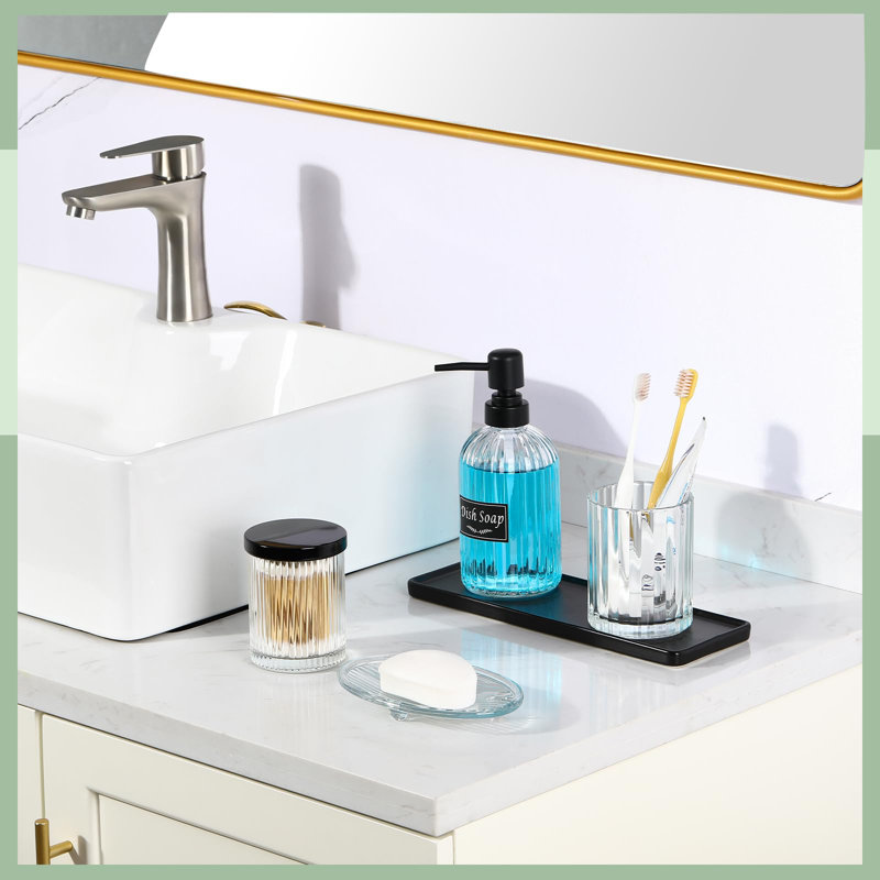 Ensemble d'accessoires de salle de bain, 5 pièces d'accessoires de salle de bain en verre transparent avec distributeur de savon, porte-brosse à dents, support Cotton Swab, porte-savon, plateau en céramique, meuble-lavabo de comptoir