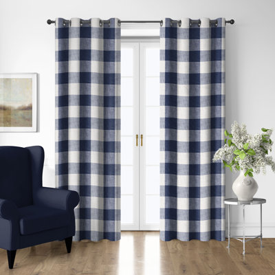 Walker Buffalo Indigo/Ivory Cotton Grommet Top Drapery Panel Set of 2