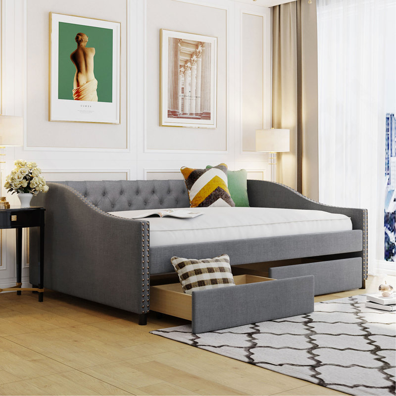 Upholstered Daybed With Two Drawers, Wood Slat Support, Gray, Full Size