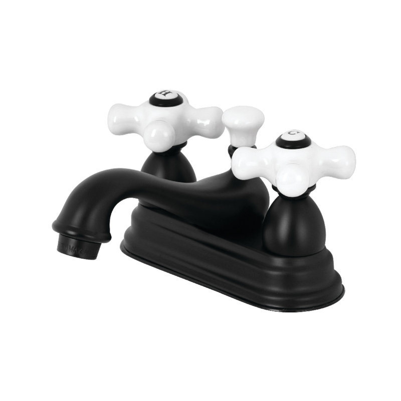 Kingston Brass Restoration Two-Handle 3-Hole Deck Mount 4" Centerset Bathroom Faucet with Brass Pop-Up, Matte Black