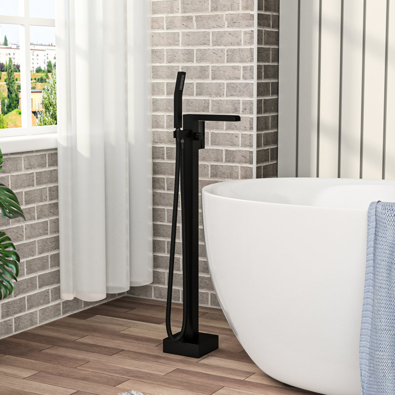 Freestanding Bathtub Faucet With Waterfall Tub Filler And Hand Shower, 360 Rotatable Spout, Dual Temperature Regulation, Brass Base Matte Black Faucet, 59" - Kink Hose, Control For Relaxing Water