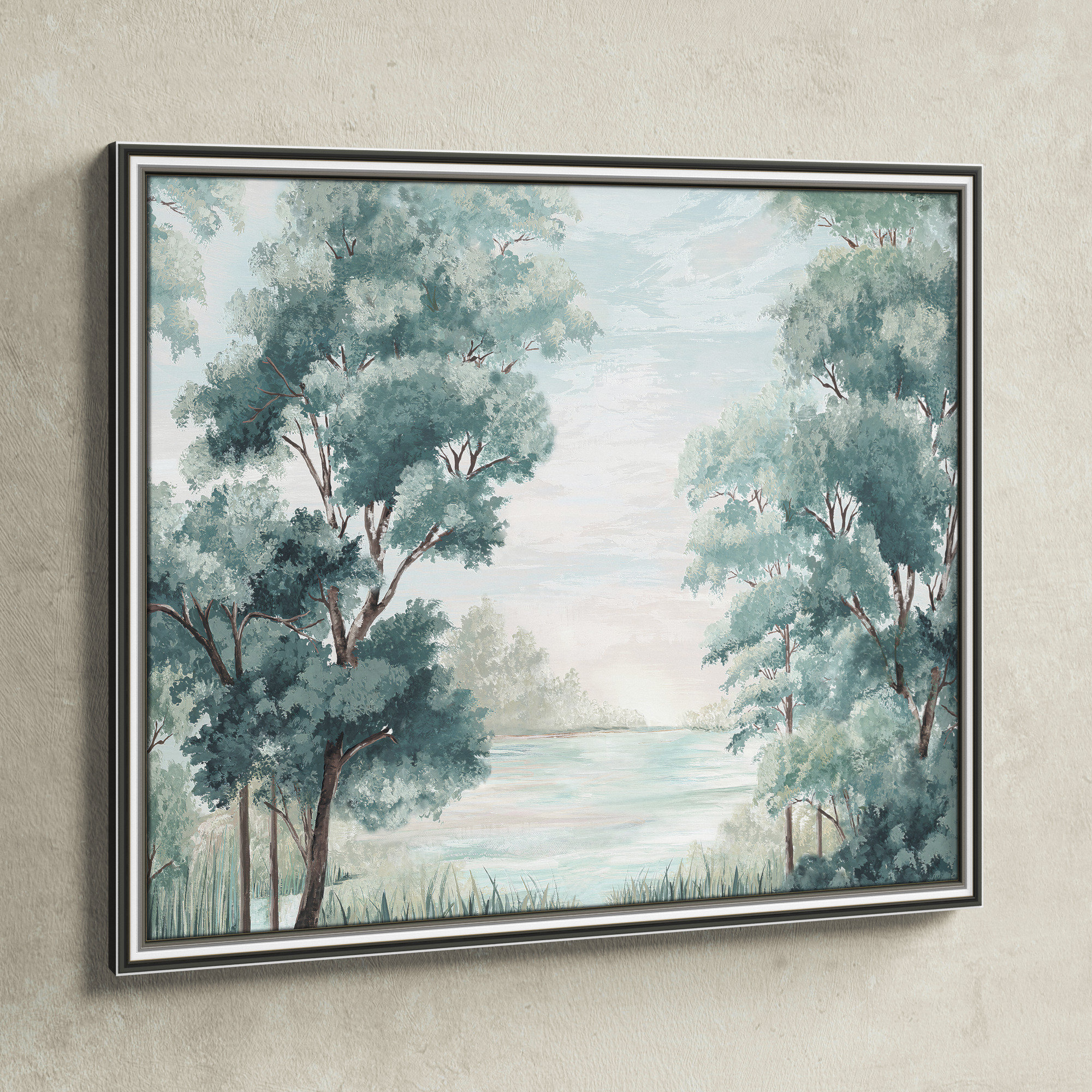 Calm Forest River, 17.25" H x 20.25" W x 0.87" D, Silver Framed