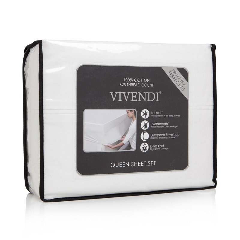 Ensemble de draps 100% coton 625 fils 4 pièces , Ensemble de draps pour grand lit + un drap-housse , Blanc