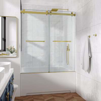 Porte de douche coulissante double sans cadre 54 x 66 po, porte de douche double, verre trempé Sgcc 3/8 po (10 mm), acier inoxydable, or brossé