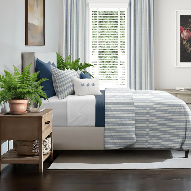 Pacific Stripe Reversible Cotton Duvet Cover Set, Super King Duvet Cover + 2 King Shams, Denim