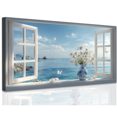 Coastal Window View Wall Art, Serene Ocean Scene with Floral Arrangement Canvas Painting, Rustic Farmhouse Beach Pictures for Bathroom, Bedroom, or Living Room Decor, 24x48 inches