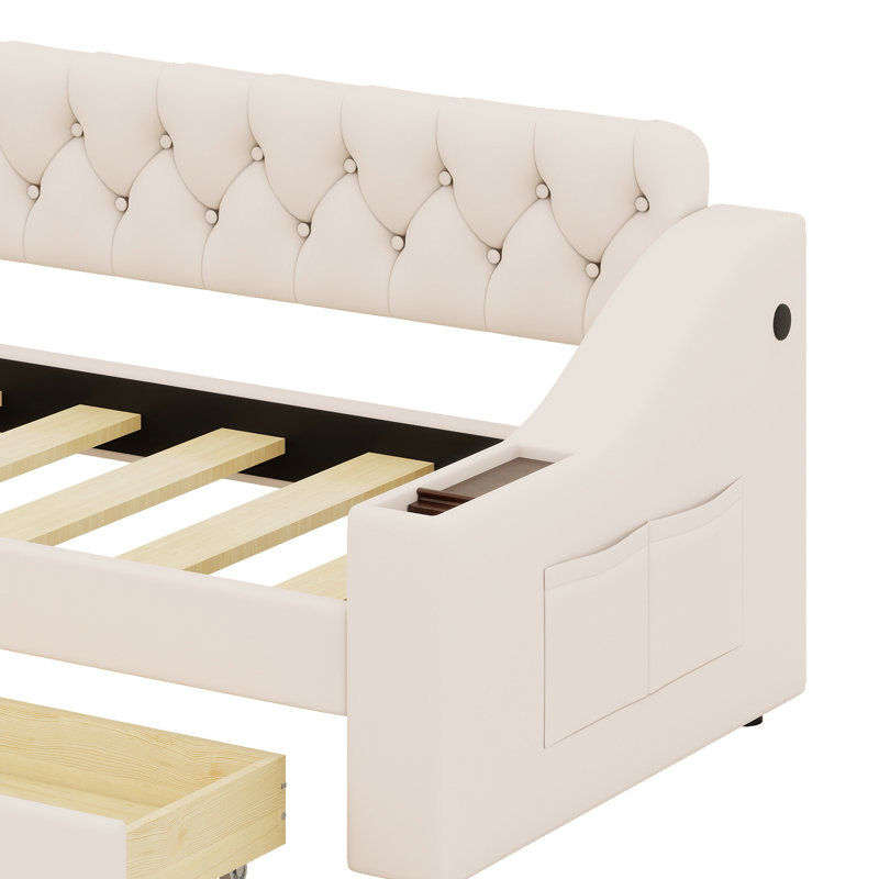 Lit de jour rembourré avec tiroirs, accoudoirs de rangement et port USB, Beige