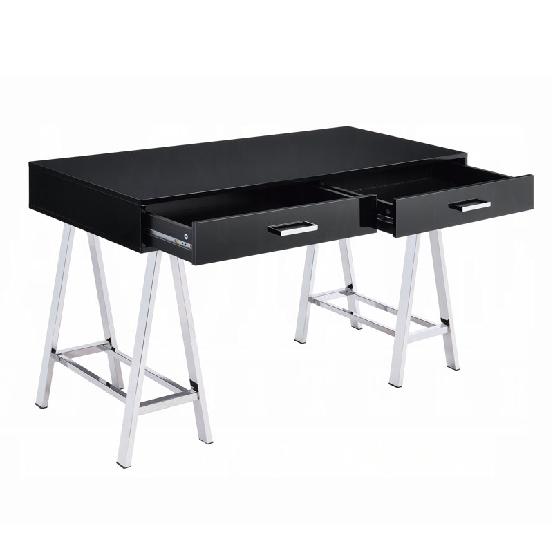 Bureau rectangulaire élégant avec 2 tiroirs, noir lustré / Bureau moderne à 2 espaces, fini lustré et