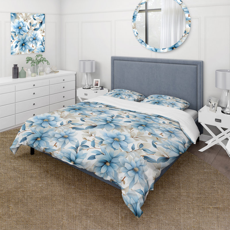 Blue Coastal Harmony Floral Pattern VI Box Stitch Floral Duvet Cover, King Duvet Cover + 2 King Shams