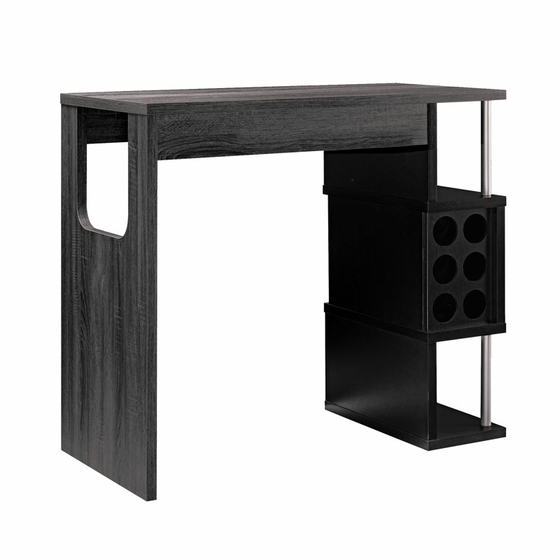 Table de bar Home avec compartiment pour verres à vin et trois tablettes en gris et noir vieilli