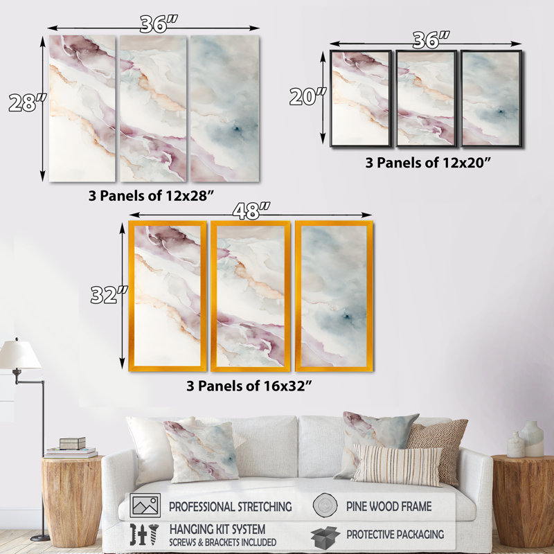 «Sudden Solitude in Elevated Blush IV», ensemble d'art mural sur toile à encre liquide abstraite, H 28 po x l 36 po x P 1 po