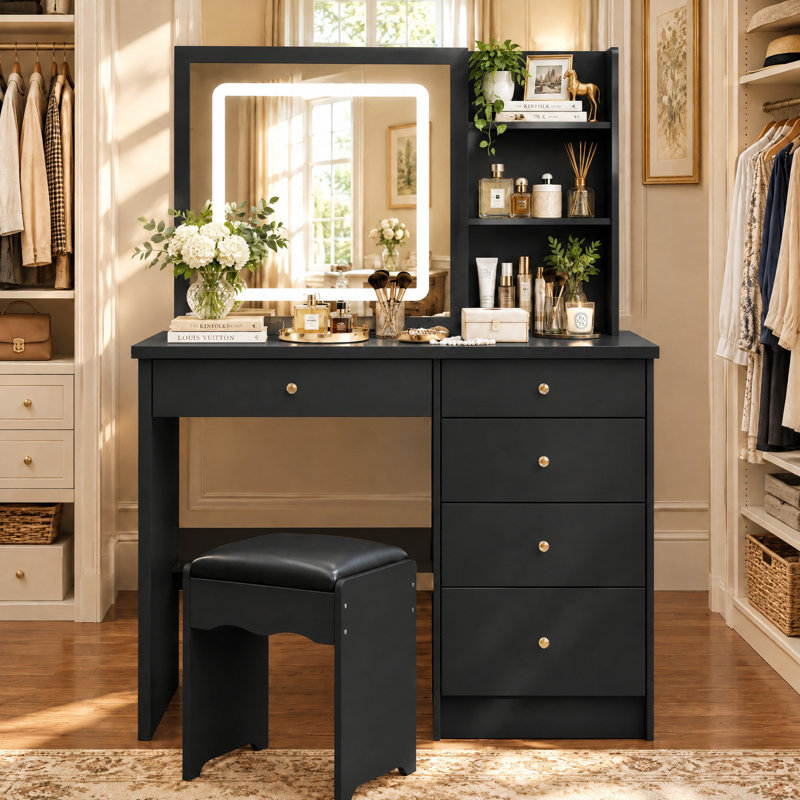 Glass Vanity with Mirror and Seat, Black
