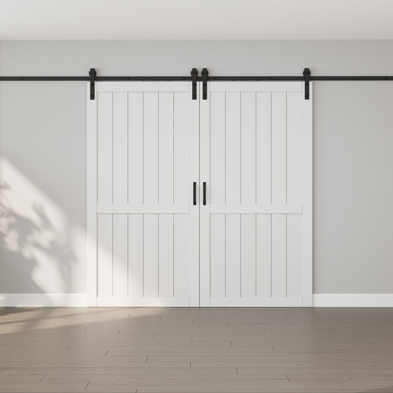 Porte de grange coulissante double H 84 po en bois manufacturé massif apprêté avec surface blanche et portes de garde-robe à peindre avec quincaillerie (fermeture en douceur incluse)