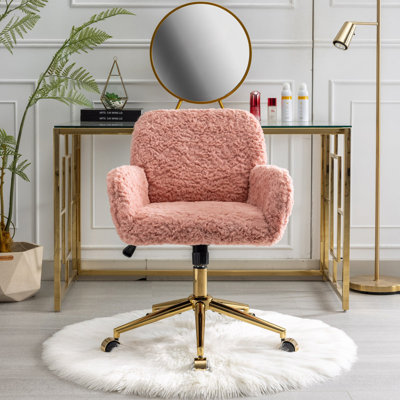 Office Chair,Artificial Rabbit Hair Home Office Chair With Golden Metal Base,Adjustable Desk Chair Swivel Office Chair,Vanity Chair(Pink)