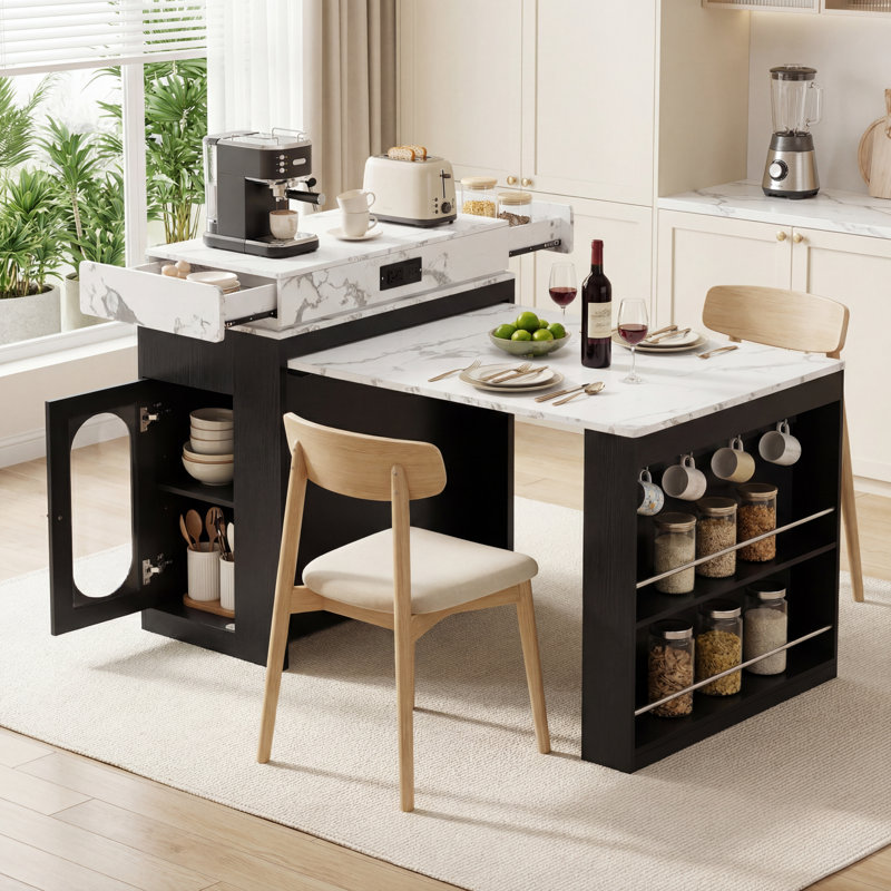 Extendable Folding Dining Table & Kitchen Island with Power Outlet, Drawers, Hooks and Wheels, Black + White Marble