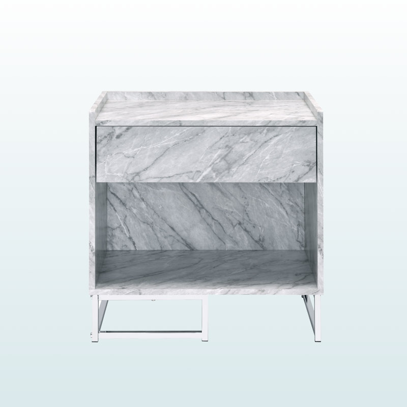Élégante table d'appoint blanche Appia - Plateau en pierre reconstituée avec base chromée pour décorer une chambre ou un salon