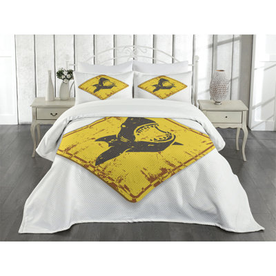 Ambesonne Shark Bedspread Set Caution Sgn Sharp Teeth Earth Yellow Grey