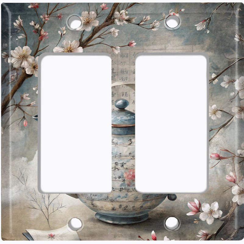 Couvercle de plaque d'interrupteur en métal; Bascule de taille standard US 2 - théière florale et fleurs de cerisier