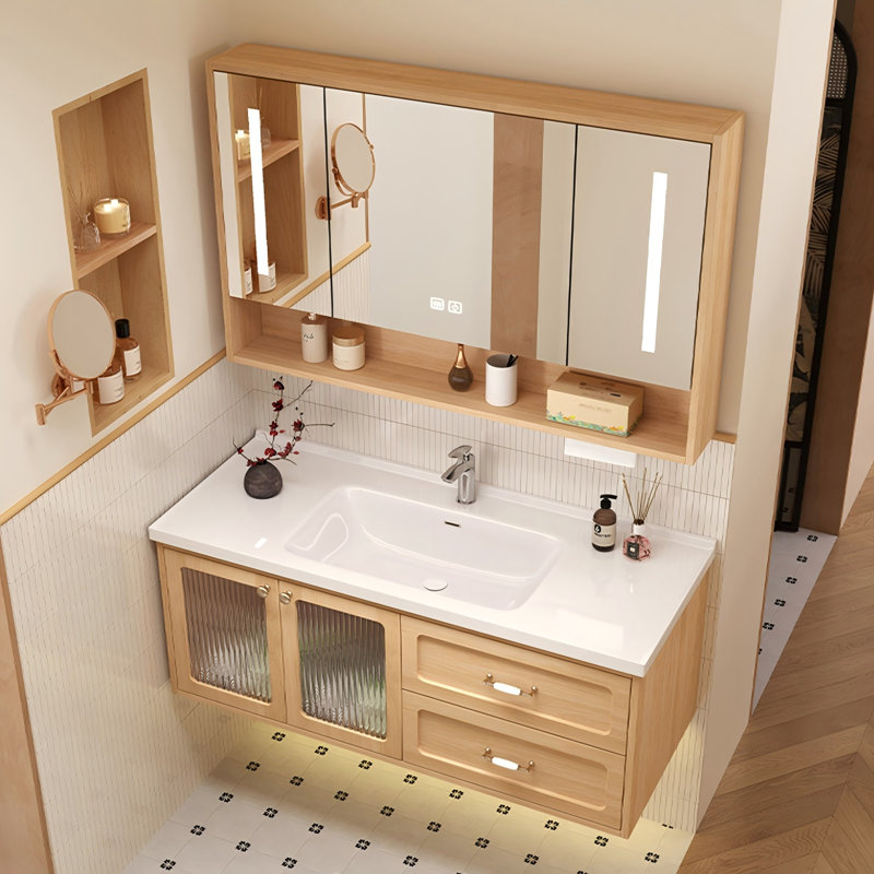 Meuble-lavabo mural en bois d'hévéa massif, de style bois naturel, avec lavabo en céramique intégré et armoire à miroir intelligent