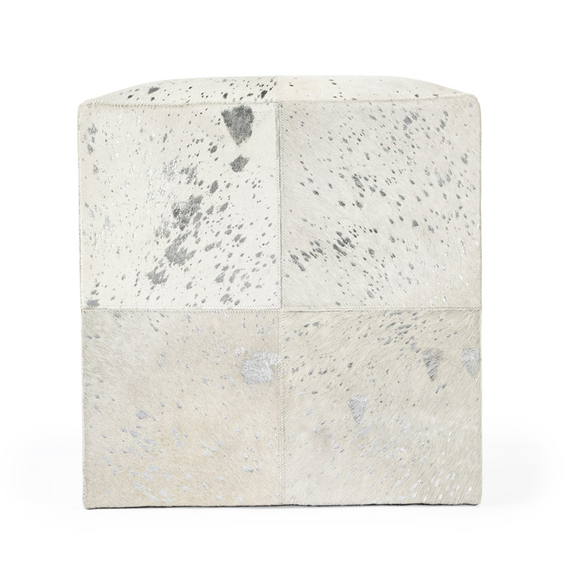 Victorian Hair on Hide with Spots Cube Ottoman, White/Gray Genuine Leather