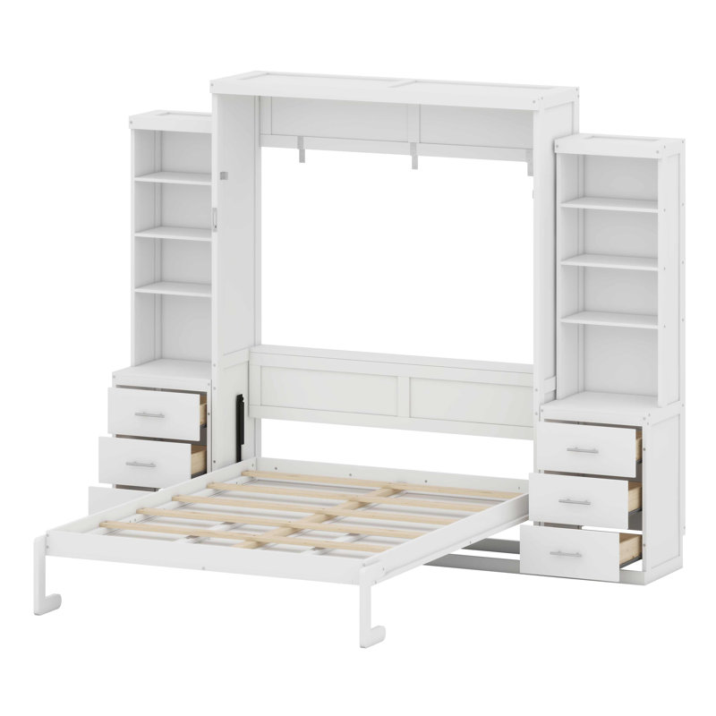 Lit escamotable peu encombrant conçu avec des tablettes de rangement intégrées et des tiroirs pratiques, Blanc
