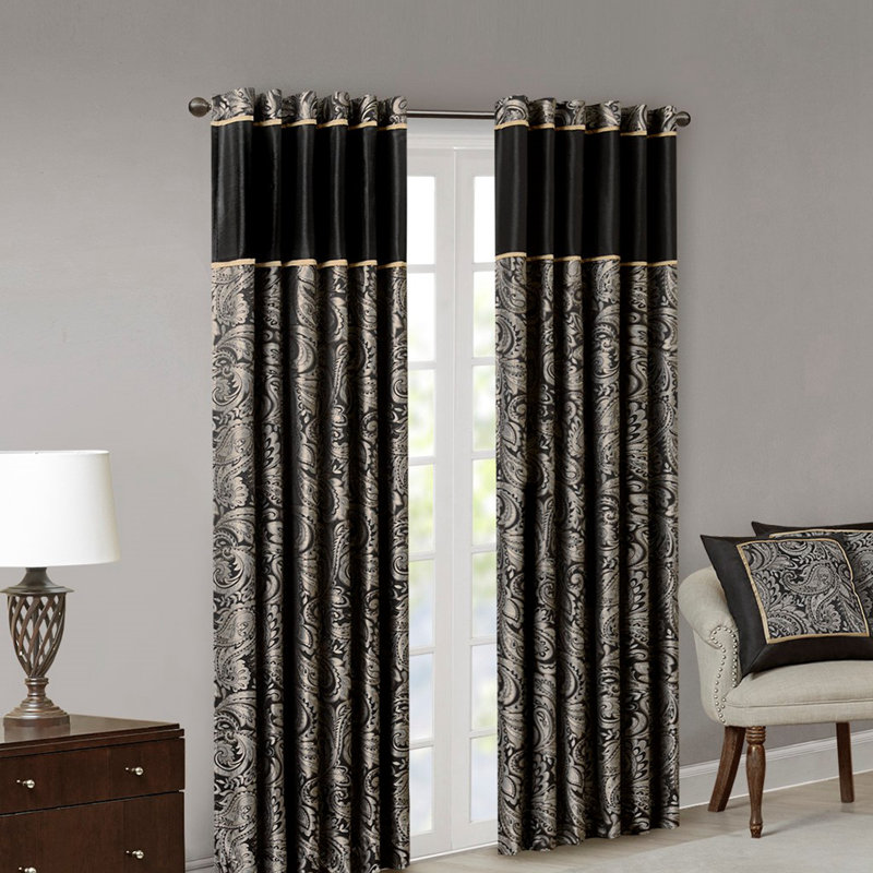 Black Faux Silk Jacquard Light-Filtering Curtain Panel Pair