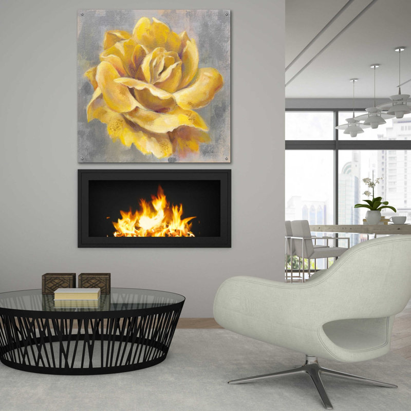 «Yellow Roses I» par Silvia Vassileva, art mural en verre acrylique, H 36 po x l 36 po x P 0,2 po