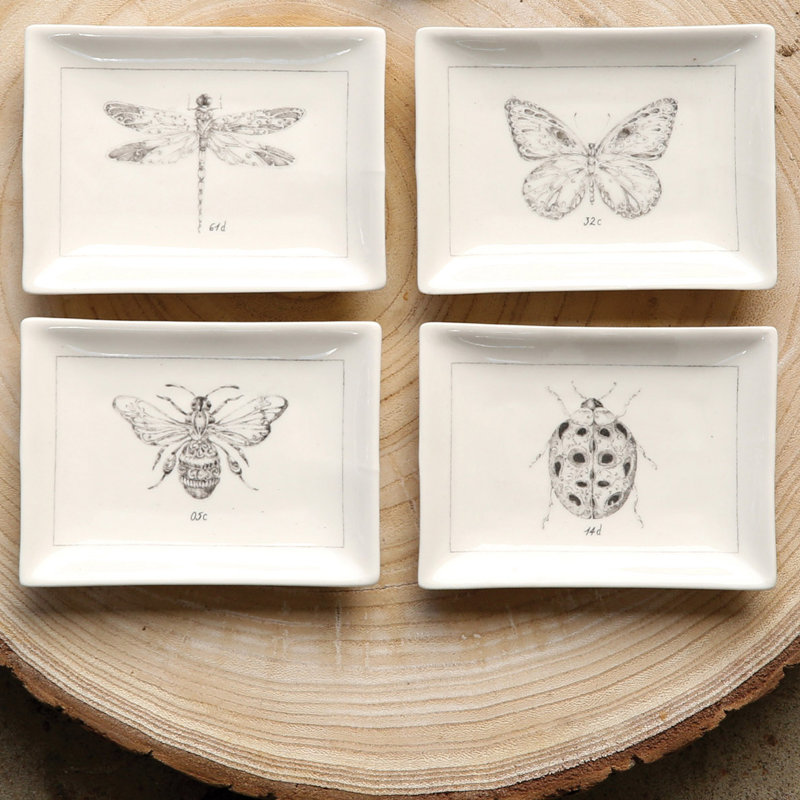 Insect Print Rectangular Ceramic Bread and Butter Plate Set