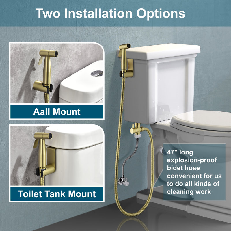 Round Handheld Bidet Sprayer For Toilet With Adjustable Pressure, Stainless Steel Hose & Brass T-Valve, Brushed Gold
