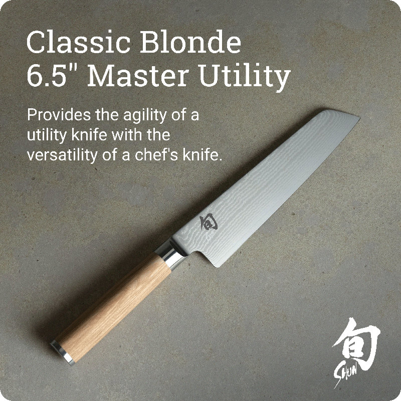 Shun Classic Blonde 6.5" Master Utility Knife, Handcrafted Japanese Knife, VG-MAX Core with Damascus Stainless Steel Cladding, Pakkawood Handle, Precision and Sharpness for Professional and Home Chefs