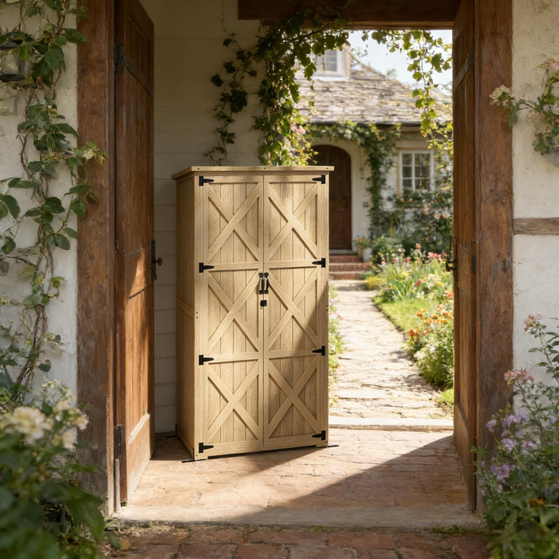 Armoire de rangement verticale verticale en bois de sapin massif, remise pour outils de jardin autoportante et résistante aux intempéries avec toit en asphalte imperméable et portes doubles verrouillables pour le patio de la piscine