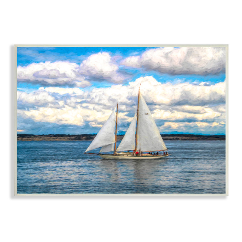 Voilier pittoresque flottant dans un océan de nuages blancs par Nan - Peinture, L 15 po x H 10 po, Plaque murale